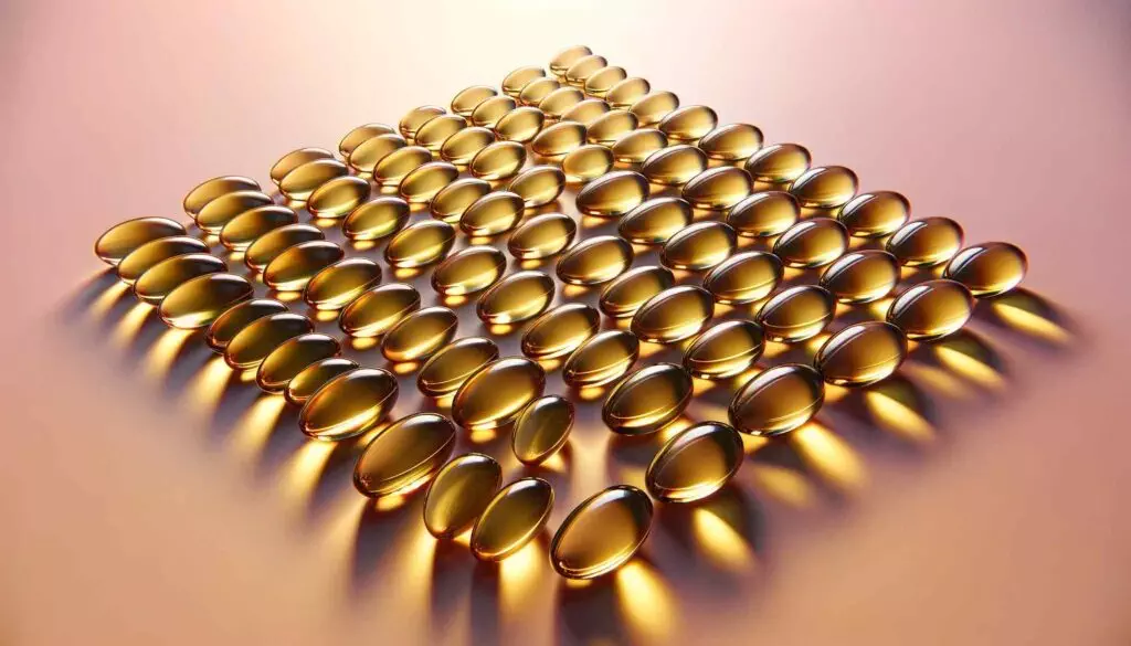 A grid of identical, oval-shaped, glossy omega-3 capsules arranged neatly on a flat surface